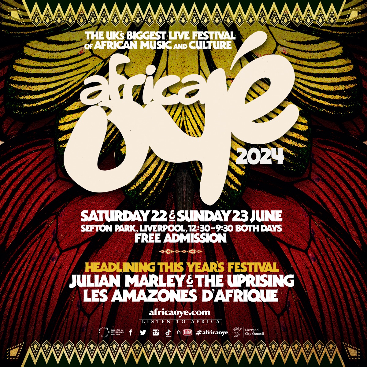 🎶 HEADLINERS ANNOUNCED 🎶 We are delighted to announce @JulianMarley & The Uprising and @AmazonesAfrique as our 2024 festival headliners! Join us in Sefton Parkin Liverpool on 22nd and 23rd June, 12:30pm to 9:30pm both days. Entrance is FREE! #ListenToAfrica