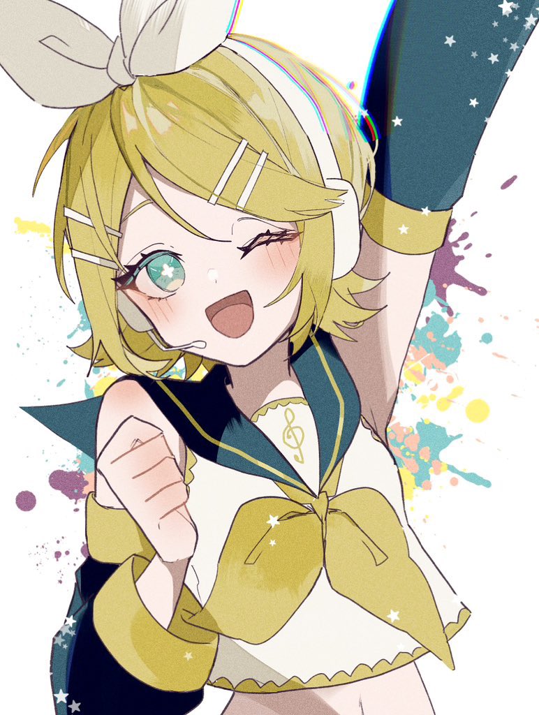 kagamine rin 1girl one eye closed blonde hair solo headset treble clef smile  illustration images