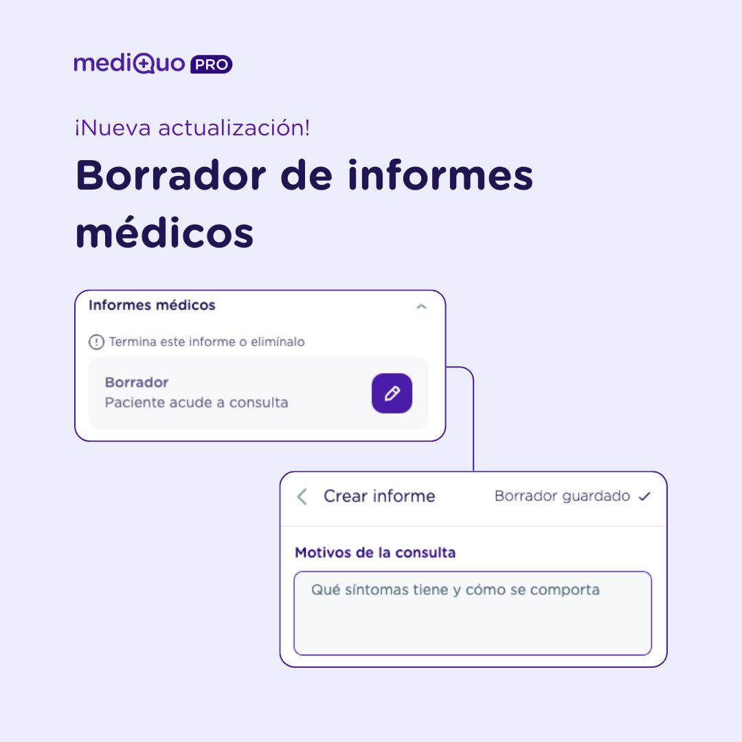 📑 ¡Nueva mejora añadida al informe médico! Algo que nos habíais pedido mucho y como bien sabéis, todo el feedback que vamos recibiendo en cuanto a mejoras lo vamos haciendo realidad.

El borrador de #informemédico ya está disponible en #mediQuoPRO.

#SaludDigital