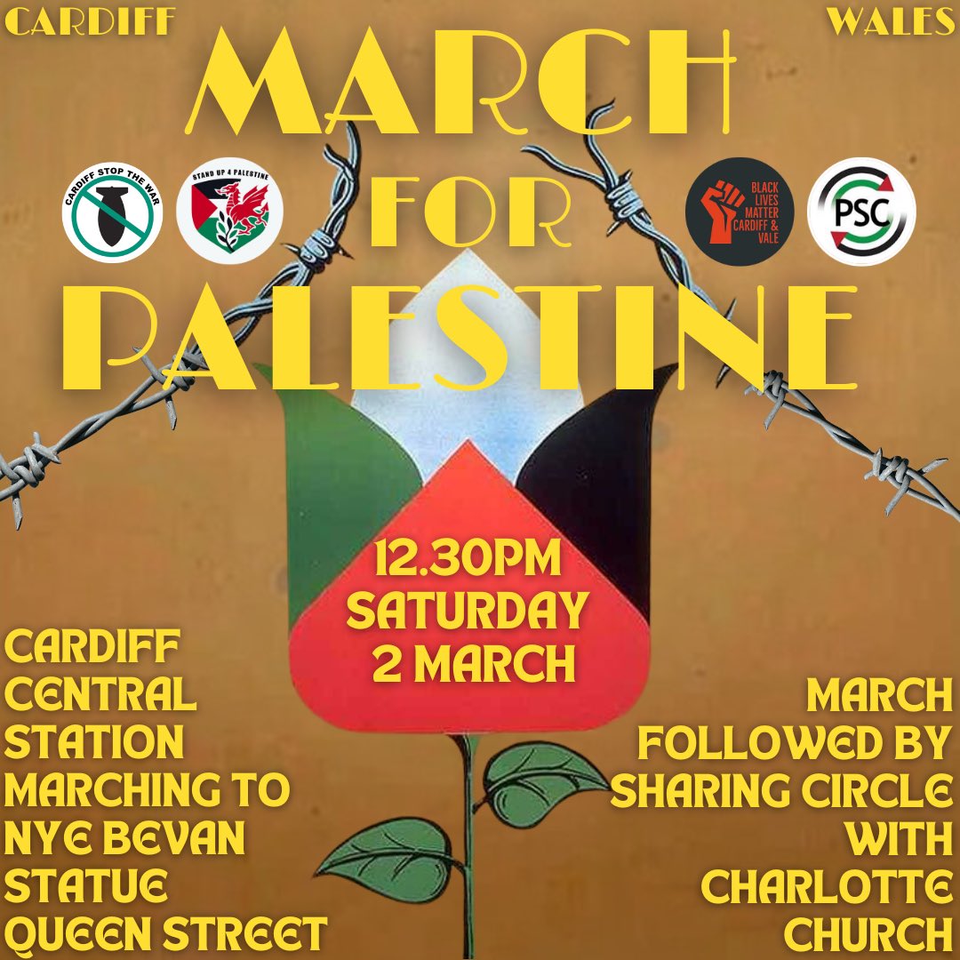 THIS SATURDAY WE MARCH AGAIN! 📣 There is still no ceasefire and our government have shown they are actively against one. Enough is enough! We MEET AT Cardiff Central station and march to Nye Bevan, where @charlottechurch will be facilitating a sharing circle. 🇵🇸 Share widely!