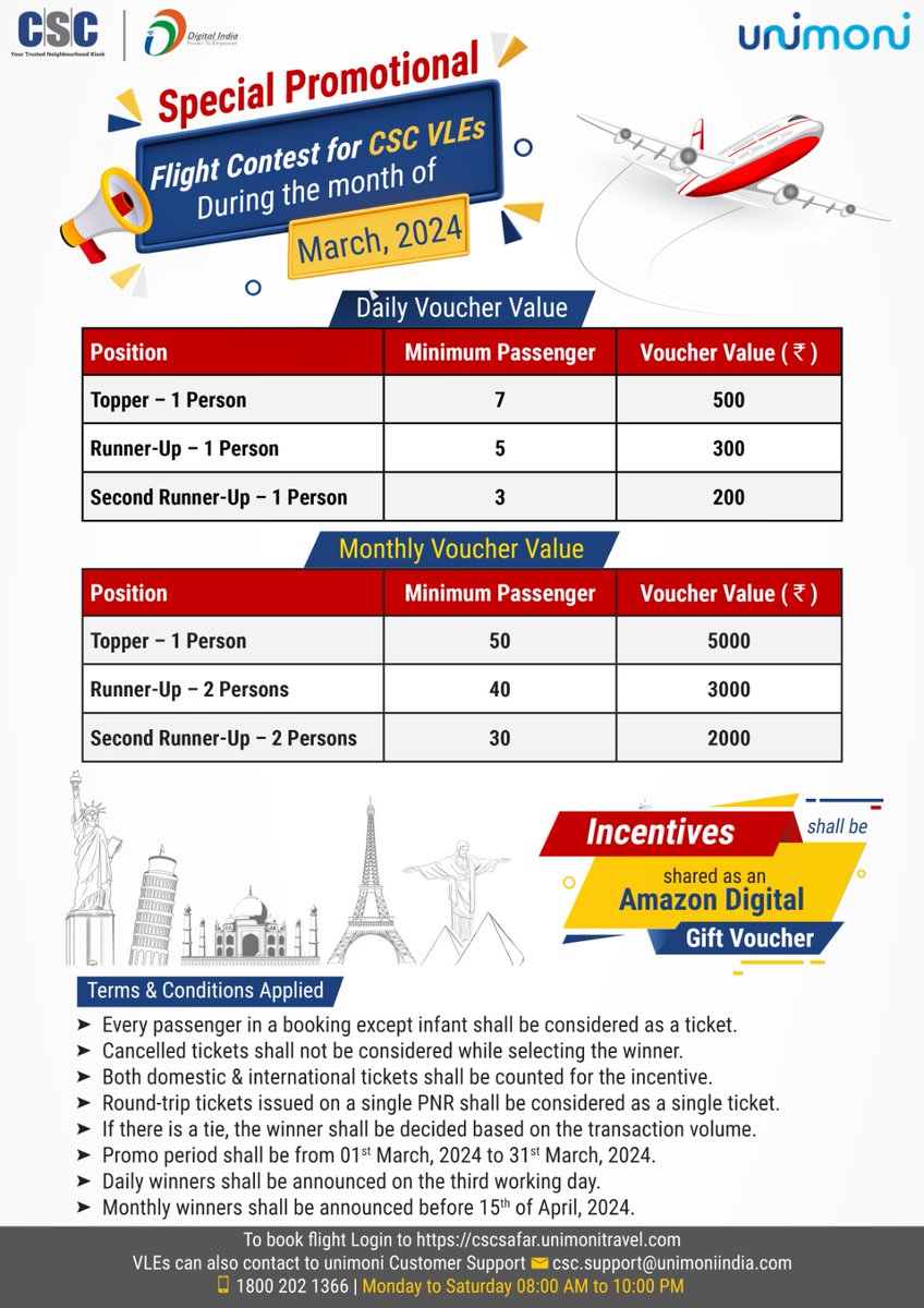 Special Promotional Flight Contest for CSC VLEs in March 2024. Exciting opportunity for CSC VLEs!! Participate in the Flight Contest for a chance to win Amazon vouchers. #CscSafar #Csc #DigitalIndia #FlightContest #CscFlightContest #FlightBooking