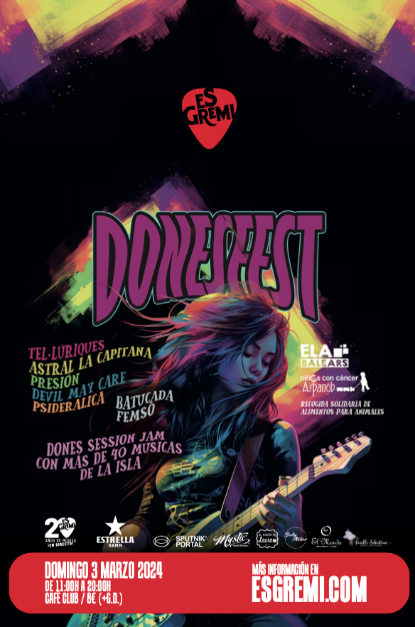 Youthing_es's tweet photo. La segunda edición de #DonesFest en @esgremi tiene lugar este domingo 3 de marzo con la participación de más de 40 músicas de toda Mallorca en un evento solidario con @ELABalears y #Aspanob.

Más info y entradas en https://t.co/LBfZnJjAn4 https://t.co/uc4AOEsXAV
