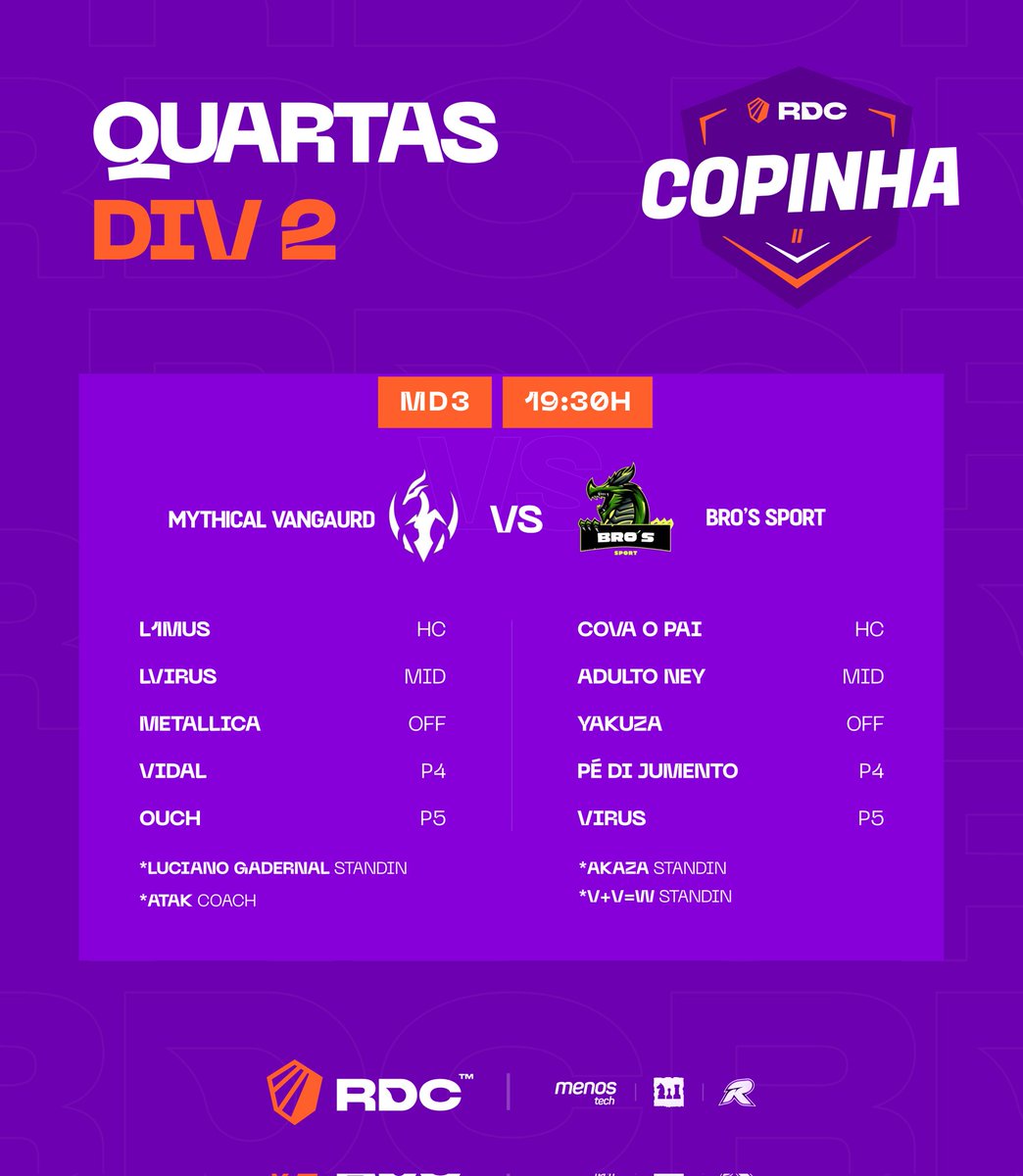 Hoje é dia de jogo! Hoje é dia de guerra! Hoje é dia de RDC!

Lembre-se de assistir o jogo de MYTHICAL VANGUARD vs BRO'S SPORT na nossa TWITCH às 19:30:
twitch.tv/liga_rdc