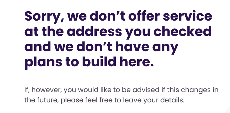 AvrenFord's tweet photo. @CommunityFibre Hah. If only. You went from advertising on my road (to which I reported it to you), followed by supporting homes *near* my road and updating the status page to "Coming Soon", and now; "No plans"?

Some community you are. https://t.co/Bganv4L8gO
