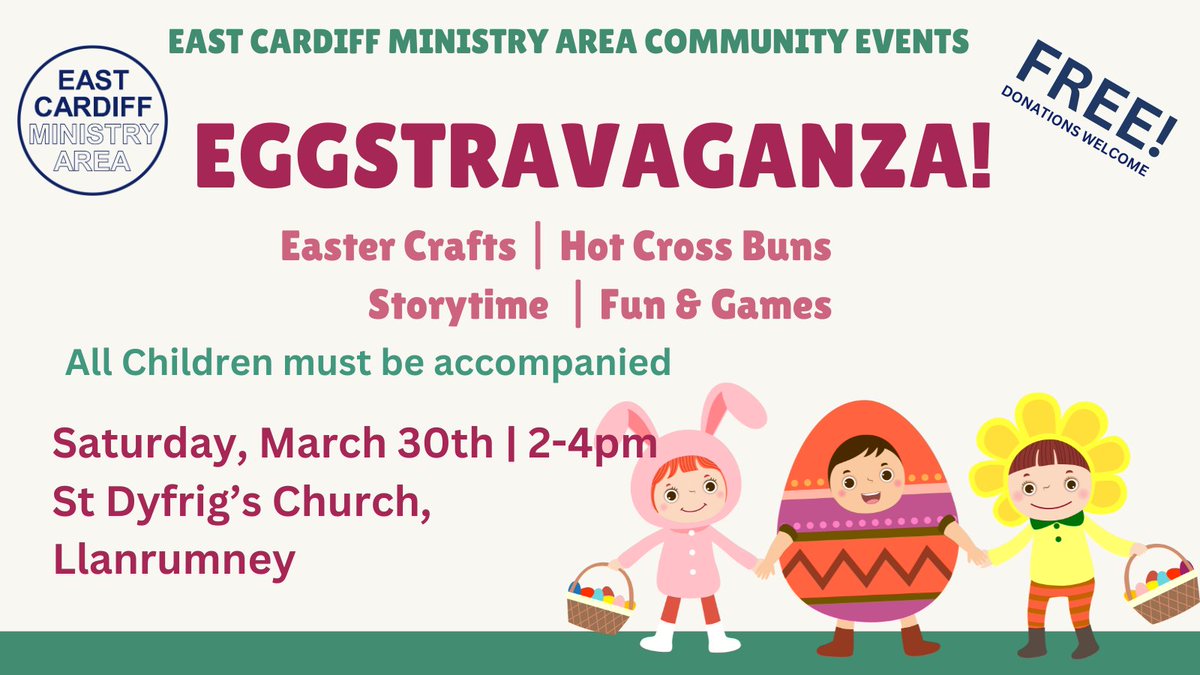 Save the Date! Eggstravaganza 2024! St Dyfrig's Llanrumney. 30th March 2-4pm. Easter crafts | Hot cross buns | Storytime | Fun & Games. FREE entry and refreshments! @BrynHafodPrm @BrynCelynPrm @PlantosNursery @stmellonsprm @All_SaintsPri @StDavidsCiWPrm @RumneyPrm