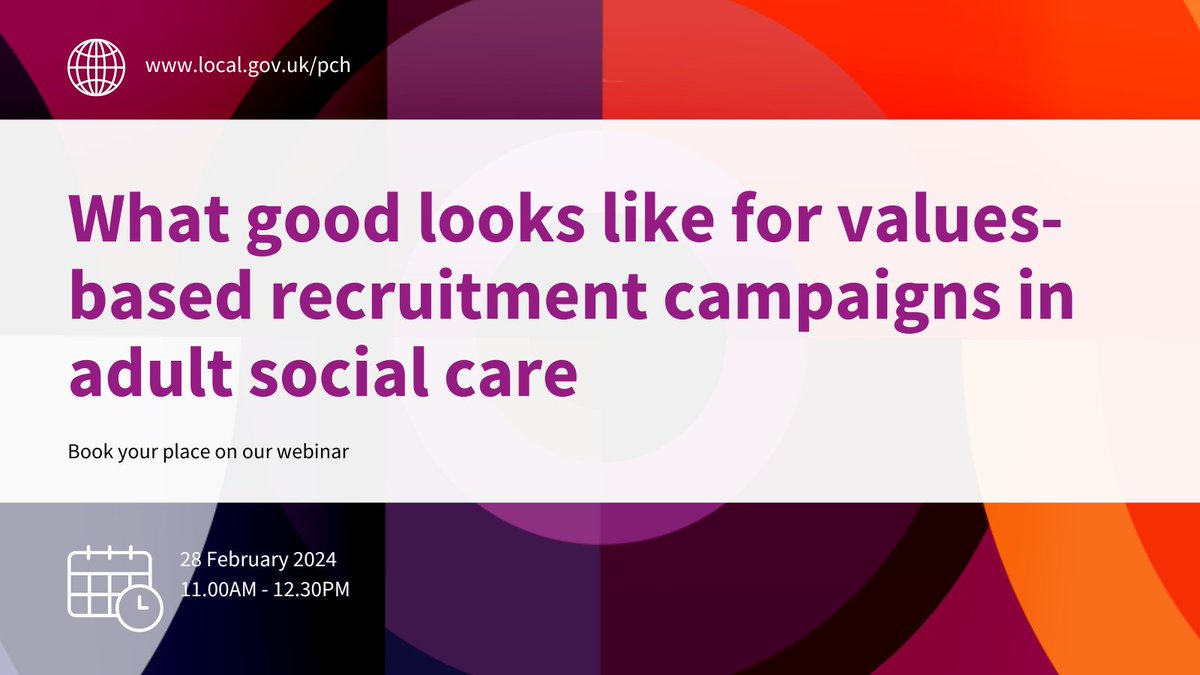 Join us tomorrow for our webinar on values-based recruitment in adult social care with speakers @LeedsCC_news @NorthLincsCNews @tweetfromunique & @Imperial_IGHI Last chance to book: lgaevents.local.gov.uk/lga/frontend/r…