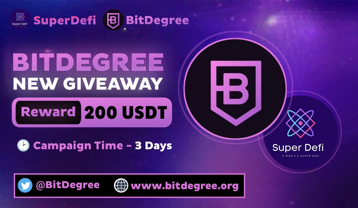 🔥 SuperDefi_Dao X  <a href="/BitDegree/">BitDegree</a> #Coin #USDT BIG #Airdrop 

🎁 Prize Pool «»$200 USDT  #Giveaway 

✅ Follow 
<a href="/SuperDefi_Dao/">SuperDefi</a> &amp; <a href="/BitDegree/">BitDegree</a>
✅ Like, RT and Tag 3 Friends 
✅ Complete #Gleam all task ⤵️ 
gleam.io/j6saj/superdef…

⏰ End Date :- 1 March

#Airdrops #Giveaway #Crypto #BSC