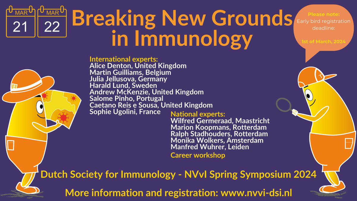 Early bird deadline for the NVVI Spring Symposium is approaching (March 1st!). Register now to see and meet amazing speakers (incl. @ReiseSousaLab @MarionKoopmans @MartinGuilliams) and @SciImmunology editor @ImmunoEditor: nvvi-dsi.nl/index.php/en/e…