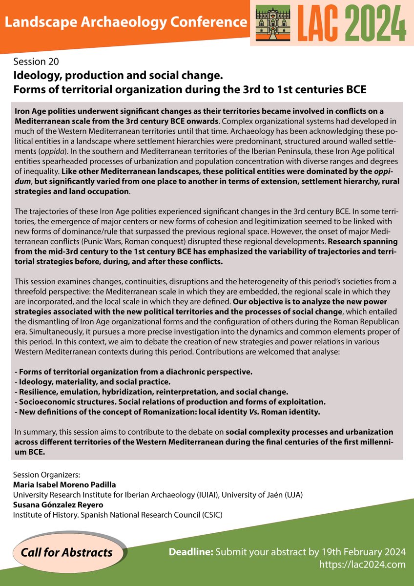 📢 Last days! Call for papers and posters for LAC2024 conference are now open! Are you interested in territorial transformations at the end of the Iron Age? Session 20 is your place. Deadline: 1st march 2024 Link: lac2024.com
#ProyectoMaterialidadIdentidadyMemoria