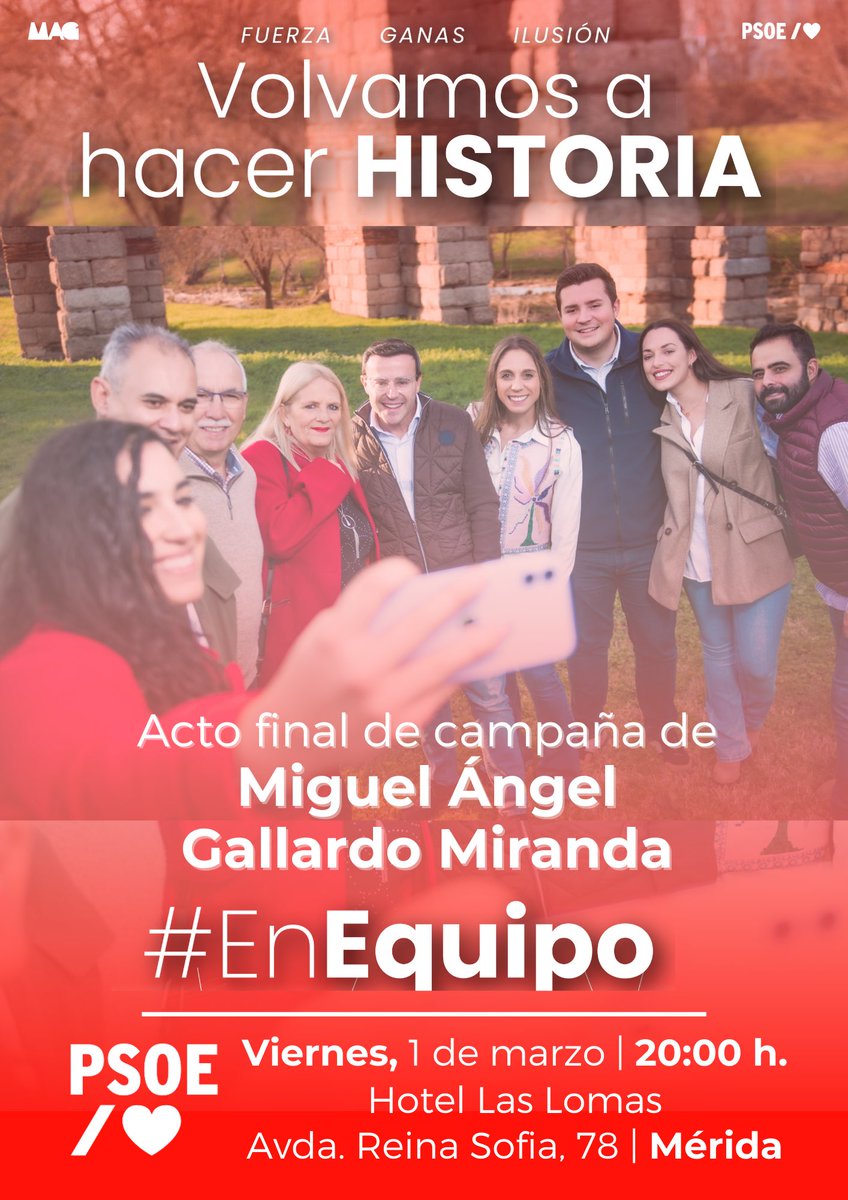 Últimos días previos a decidir qué modelo de partido queremos para escribir la nueva historia del PSOE de Extremadura.🌹

Os espero a todas y todos, #EnEquipo/♥️, en el acto final de campaña:

📆 Viernes, día 1 de marzo.
⏰ 20:00 horas.
📌 Hotel Las Lomas, Mérida.