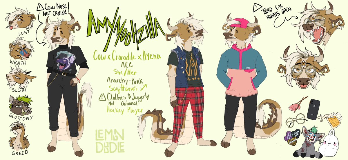 ⚠️FOR SALE ⚠️QRT pls 

I put my old fursona Amy MoohZilla for sale. 
The sale includ :
-LOT of arts (physical and digital) 
-a bodysuit (5’3 for 148lbs) 
-a slot for a fursuit head made by <a href="/Rappi_Tappi/">Rappi Tappi (Annamarie Jean) 🪴</a> (the fursuit head concept art in pic) 
-character right