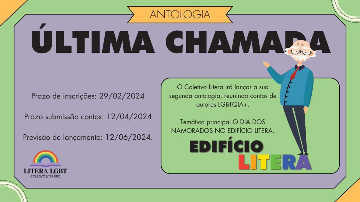 coletivolitera's tweet photo. ÚLTIMA CHAMADA. Repito. Última chamada para se inscrever na nova Antologia do @coletivolitera. Basta preencher o formulário do link e aguardar o resultado da convocação final.
Quer saber mais? Acesse o link:
https://t.co/hlG1V6WUVf

#Antologia #Autores #LiteraturaLGBT #Edital https://t.co/chbuP7eKSq