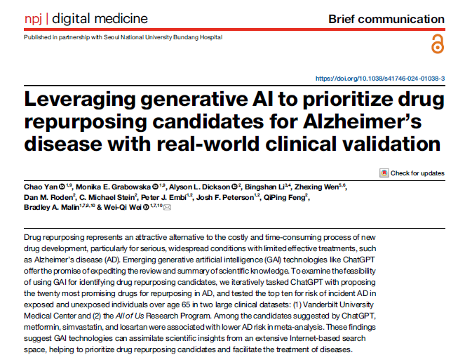 ChatGPT can act as an effective AI-driven hypothesis generator for drug repurposing. 

This study leverages #ChatGPT to prioritize drug repurposing candidates for #Alzheimers, with validation of identified candidates using real-world clinical datasets.

nature.com/articles/s4174…