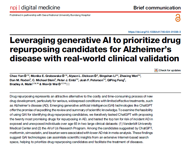 ChatGPT can act as an effective AI-driven hypothesis generator for drug repurposing. This study leverages #ChatGPT to prioritize drug repurposing candidates for #Alzheimers, with validation of identified candidates using real-world clinical datasets. nature.com/articles/s4174…