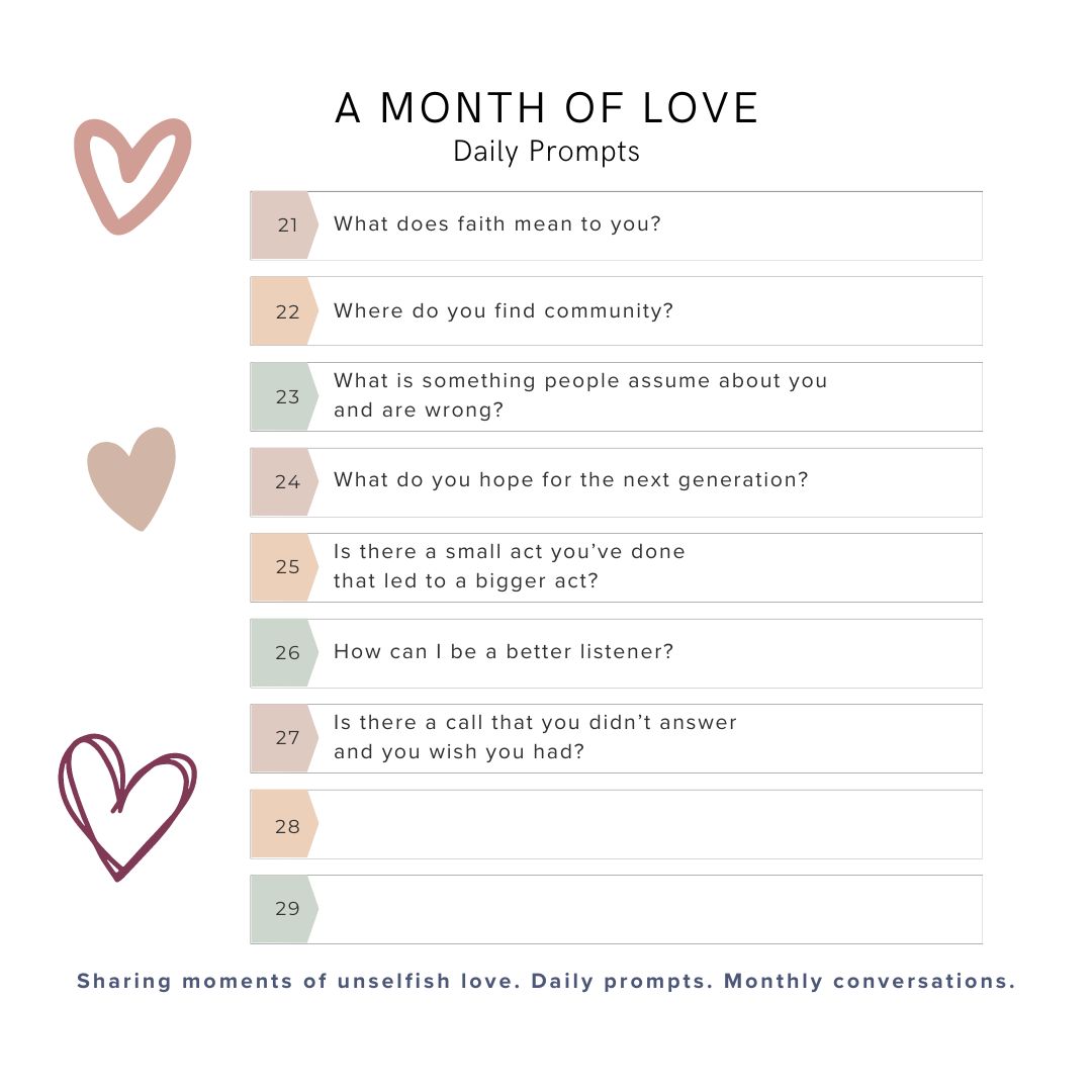 Is there a call that you didn’t answer and you wish you had?

Use these prompts in your own journaling. Join us online Thursday evenings to share stories of unselfish love. 
💕 📝 💻 💬 
Daily prompts for #AMonthofUnselfishLove, inspired by #ACaseForLoveMovie