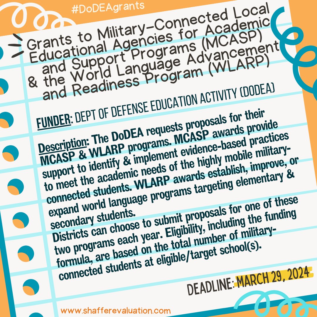 🔶@DoDEAgrants requests proposals for their MCASP program to meet academic needs of #militarystudents & their WLARP program supporting world language. [due 3/29/24]

🔶For more #educationgrant opportunities, visit wix.to/kJhsxxG

#ShafferEval #DoDEAgrants #k12