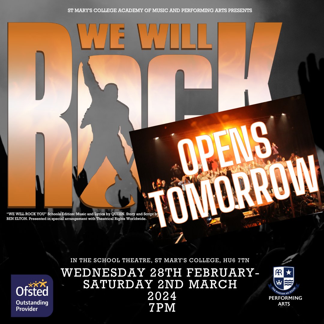 Opening tomorrow night!
#WeWillRockYou at <a href="/SMCHull/">SMCHull</a> by <a href="/SMCPerfArts/">SMC Performing Arts</a> 
Ticket availability:
Weds- 6 seats in centre, plenty at the sides
Thurs - 10 in centre block, good availability at sides
Fri/Sat- centre block sold out, low availability at sides.
Buy at: ticketsource.co.uk/smchull