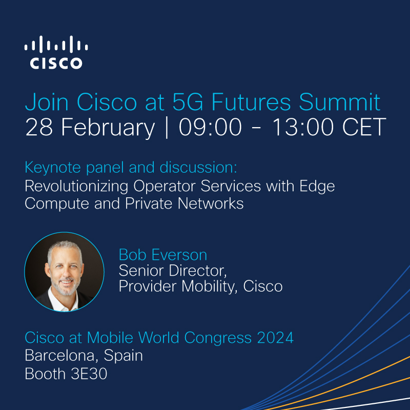 CiscoEvents's tweet image. Don&apos;t miss Bob Everson&apos;s deep dive into 5G monetization myths💡 Explore the complexities behind the headlines in his latest blog. Then, catch him live at the 5G Futures Summit at #MWC24 #CiscoMWC cs.co/6014nfDnI