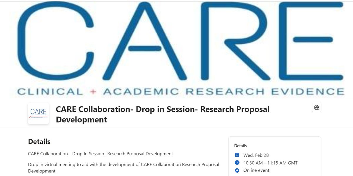 CARE Collaboration HSE/SETU Research Proposal Workshop Online Event - Wednesday 28 Feb, 10.30-11.15am. To register: rb.gy/syirba @UHW_Waterford @lukes_ck @mariaba01464133 @WexGenHosp @TraceyDermody @MichelleWaldr19 @CharmaineScal