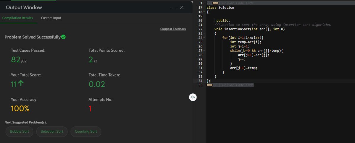 aditya_lad_2004's tweet image. Day 18 of #100DaysOfCode in #DSA 🌟 Today I learned insertion sort and solved a question on GeeksforGeeks 📷#ProgrammingJourney #GeeksforGeeks