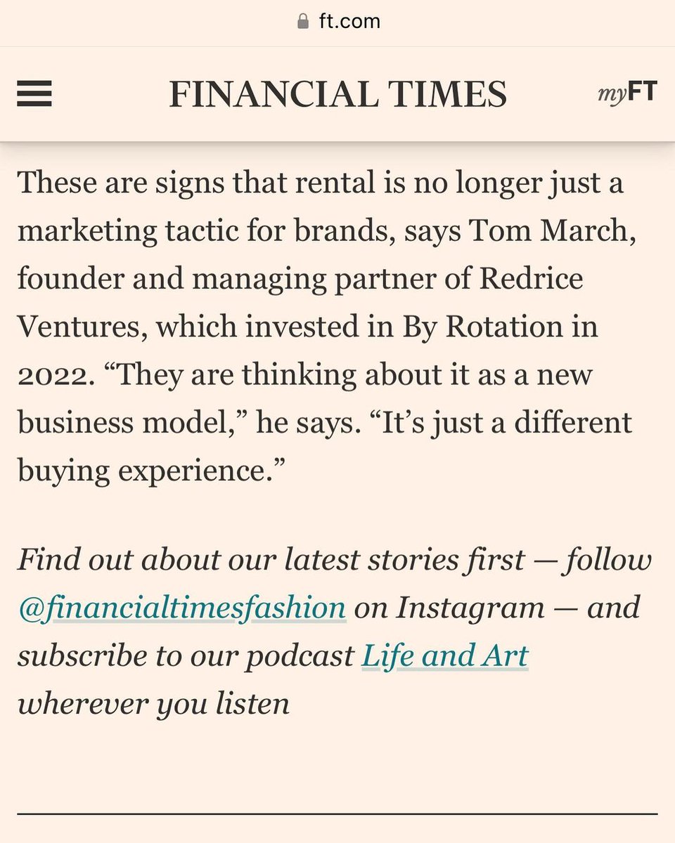 By Rotation, the social fashion rental app 💚♻️ (@byrotation) on Twitter photo SPOT US IN THE FINANCIAL TIMES! 🗞️
We’re delighted to feature in the <a href="/FinancialTimes/">Financial Times</a> again last week and in print over the weekend.
By Rotation is truly the next generation of rental and something borrowed. ♻️
Join now: lnkd.in/eXDMciac
#ByRotation #FinancialTimes #FT SPOT US IN THE FINANCIAL TIMES! 🗞️
We’re delighted to feature in the <a href="/FinancialTimes/">Financial Times</a> again last week and in print over the weekend.
By Rotation is truly the next generation of rental and something borrowed. ♻️
Join now: lnkd.in/eXDMciac
#ByRotation #FinancialTimes #FT