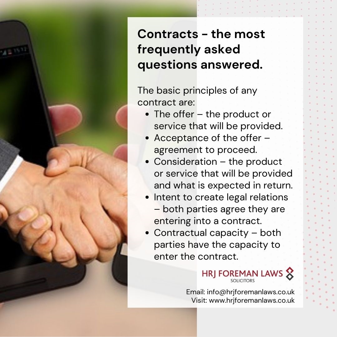 Contracts - the most frequently asked questions answered. hrjforemanlaws.co.uk/legally-bindin…

For #legaladvice
📩info@hrjforemanlaws.co.uk
☎️Hitchin 01462 458711

#contracts #companysolicitor #companyandcommercialsolicitor #hertfordshiresolicitor #breachofcontract #hertfordshiresolicitor