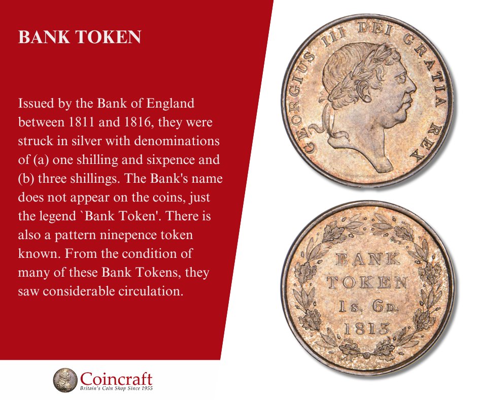 Today, let's explore the 'Bank Token' series issued by the Bank of England between 1811-1816. Pictured: George III (1760 - 1820), Bank of England Issue, Bull Head, Eighteen Pence, Bank Token Uncirculated at coincraft.com/george-iii-ban… #glossary #numismatics #coins #britishcoins