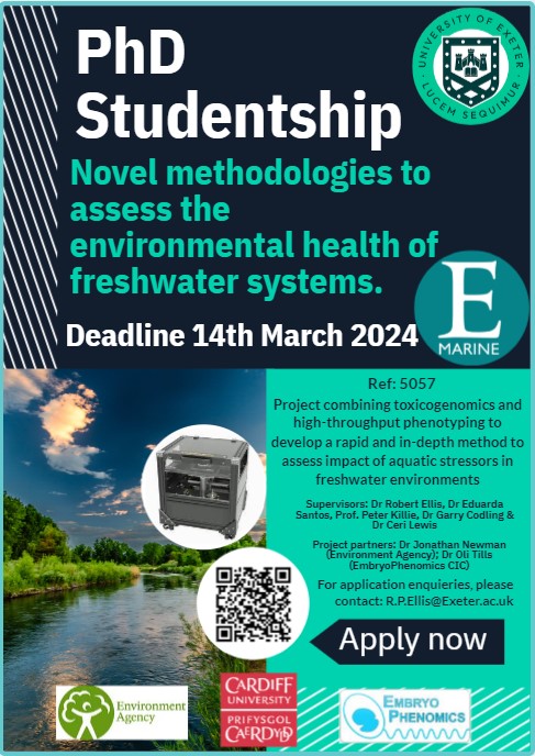 Exciting PhD opportunity with me, @CezzaLew @Fish_Genomics, Dr Garry Codling and Prof. Peter Killie, partnered with the @EnvAgency & @EmbryoPhenomics Developing novel approaches to chemical assessment in freshwater Apply now 👉 tinyurl.com/523jazm2 Deadline in 2 weeks!