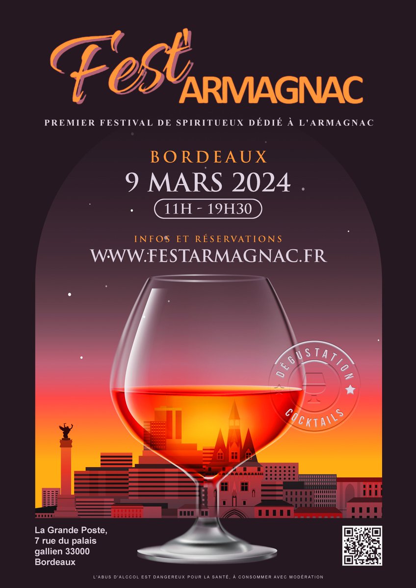 🍇Amateurs d'Armagnac, ne manquez pas le rendez-vous incontournable : le salon de dégustation Fest'armagnac ! 🥃✨ Il reste encore quelques places pour cet événement qui se tiendra à La grande poste de Bordeaux le 9 mars : festarmagnac.fr
