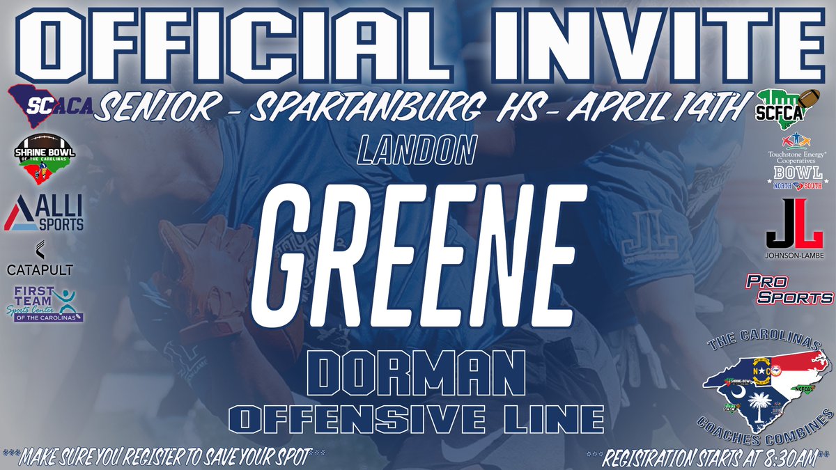 Congratulations on being selected to the Carolinas Coaches Combines at Spartanburg HS (c/o 2025)! See you on April 14 at 8:30am! Check your email to register! #CarolinasCoaches24 @JohnsonLambe @allisportsgroup @dormanfootball @KeenanAW_22 @darby_dru @Landon_Greene72