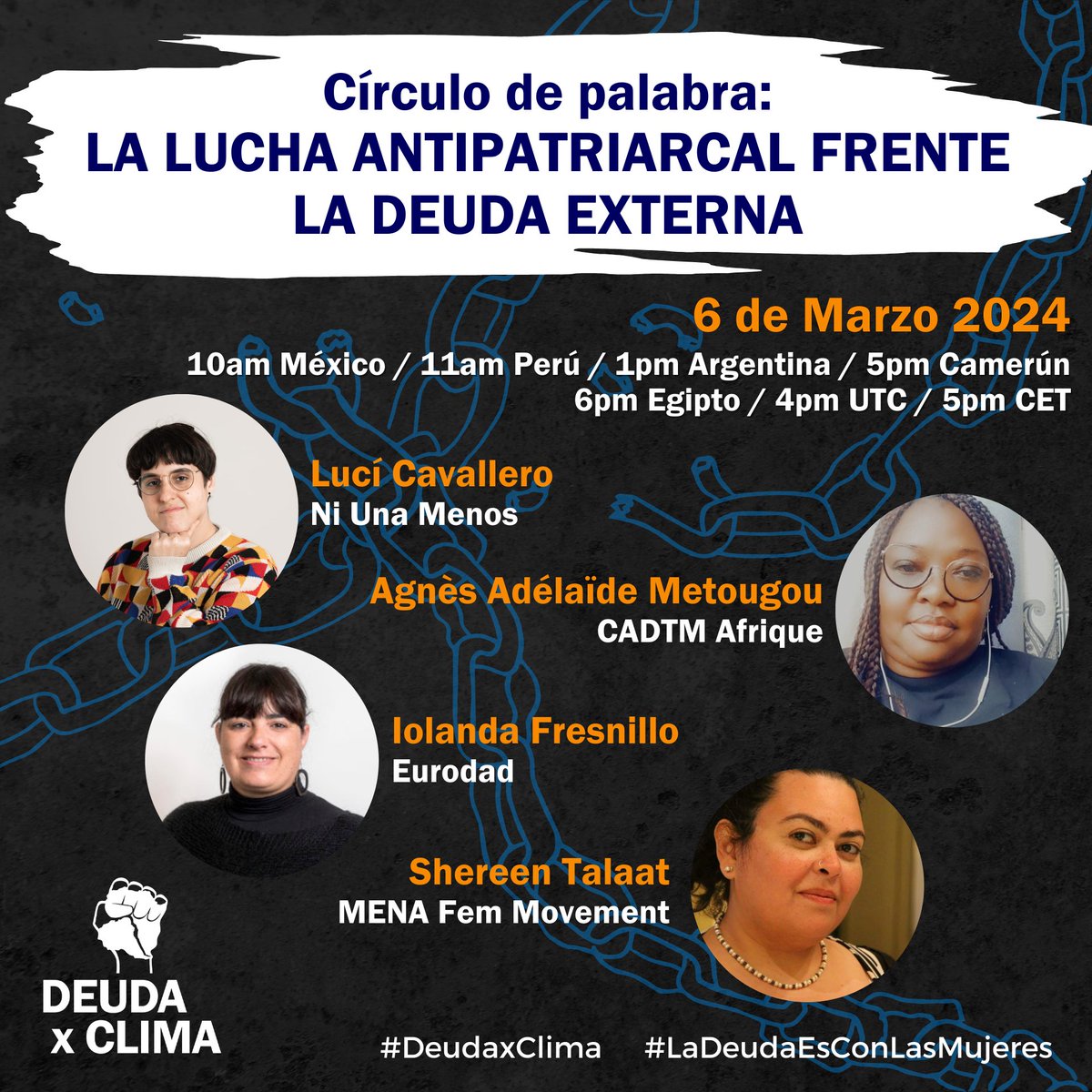 La Lucha Antipatriarcal frente a la Deuda Externa En el marco del Día Internacional de la Mujer, desde Deuda x Clima resaltaremos cómo esta trampa financiera afecta desproporcionadamente a las mujeres y niñeces us02web.zoom.us/j/85423907740?… ID: 854 2390 7740 Código de acceso: 147904