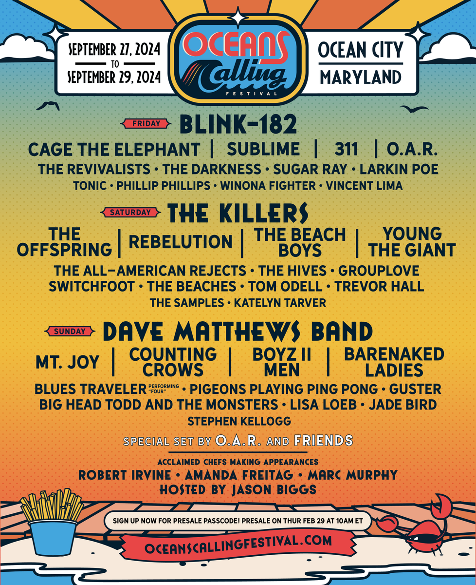 VIP GIVEAWAY — Oceans Calling reveals 2024 lineup: blink-182, The Killers, Dave Matthews Band + more. ENTER NOW for a chance to win (2) VIP tickets👇 To enter: 1. Follow @TheFestiveOwl + @Festisia_HQ 2. RT this Winner contacted on 3/5. Good luck.