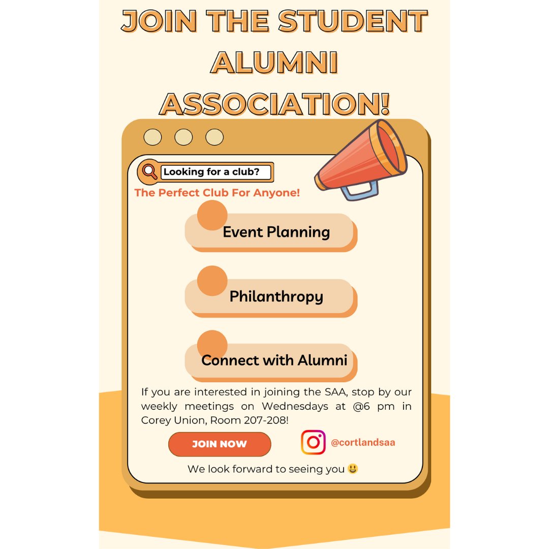 CortlandSAA's tweet photo. Do you want to be a student leader and preserve the traditions of SUNY Cortland? Does event planning and philanthropy interest you? Join the Student Alumni Association where you can connect with alumni and plan amazing events that showcase our love for SUNY Cortland! https://t.co/aEp9BJrkoT