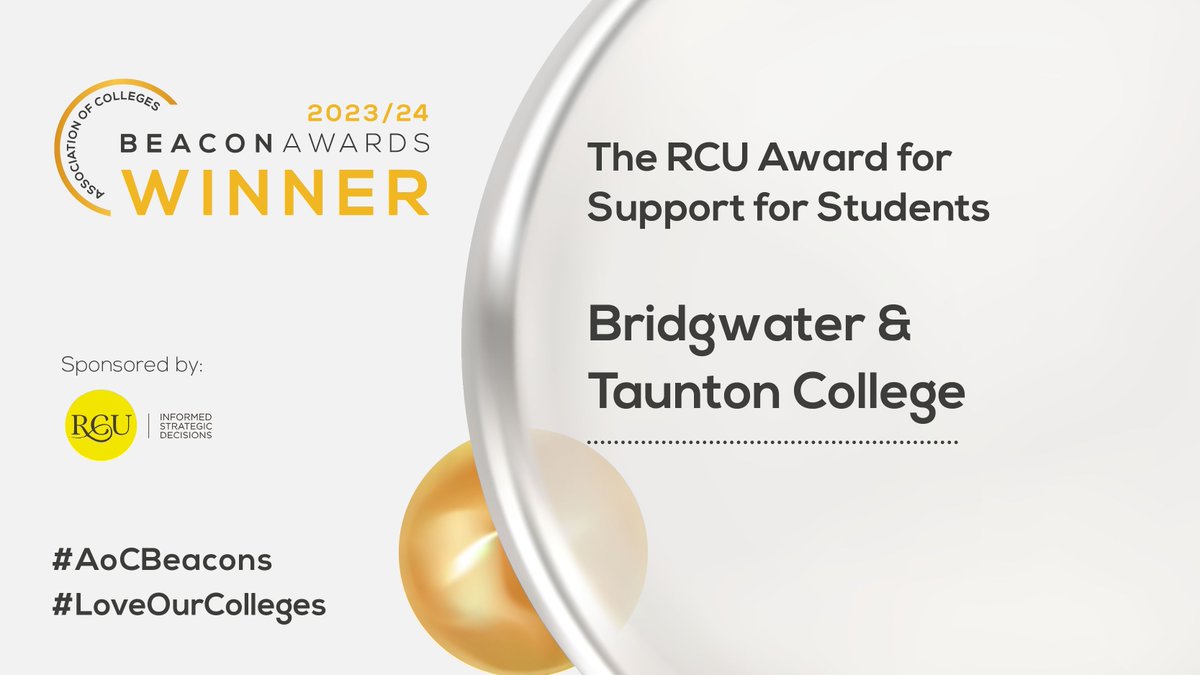 As proud sponsor of the @AoC_info Beacon Award for Support for Students we’d like to congratulate this year's winners Bridgwater & Taunton College @BTC_Coll. 🎉 🎉 
#AoCBeacons #CollegesWeek2024