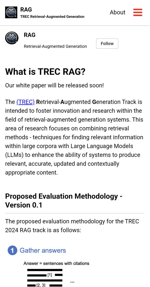✨ We have a *new* TREC track: RAG (Retrieval Augmented Generation) one of the awesome 14 tracks happening in TREC 2024! ✨ Stay tuned in the summer for the call for participants! Follow for updates: @TREC_RAG Webpage: trec-rag.github.io #RAG #IR #TREC