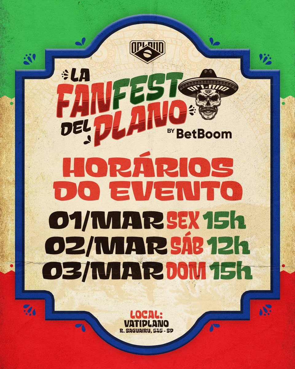 Os horarios da FAN FEST pra quem está perguntando. 

E falar um bagulho, tem hora pra acabar não, tá? Enquanto estiver rolando jogo, vai ta rolando festa no VATIPLANO e depois do jogo tem mais ainda! 👀 

INGRESSOS 👉 bit.ly/fanfestingresso