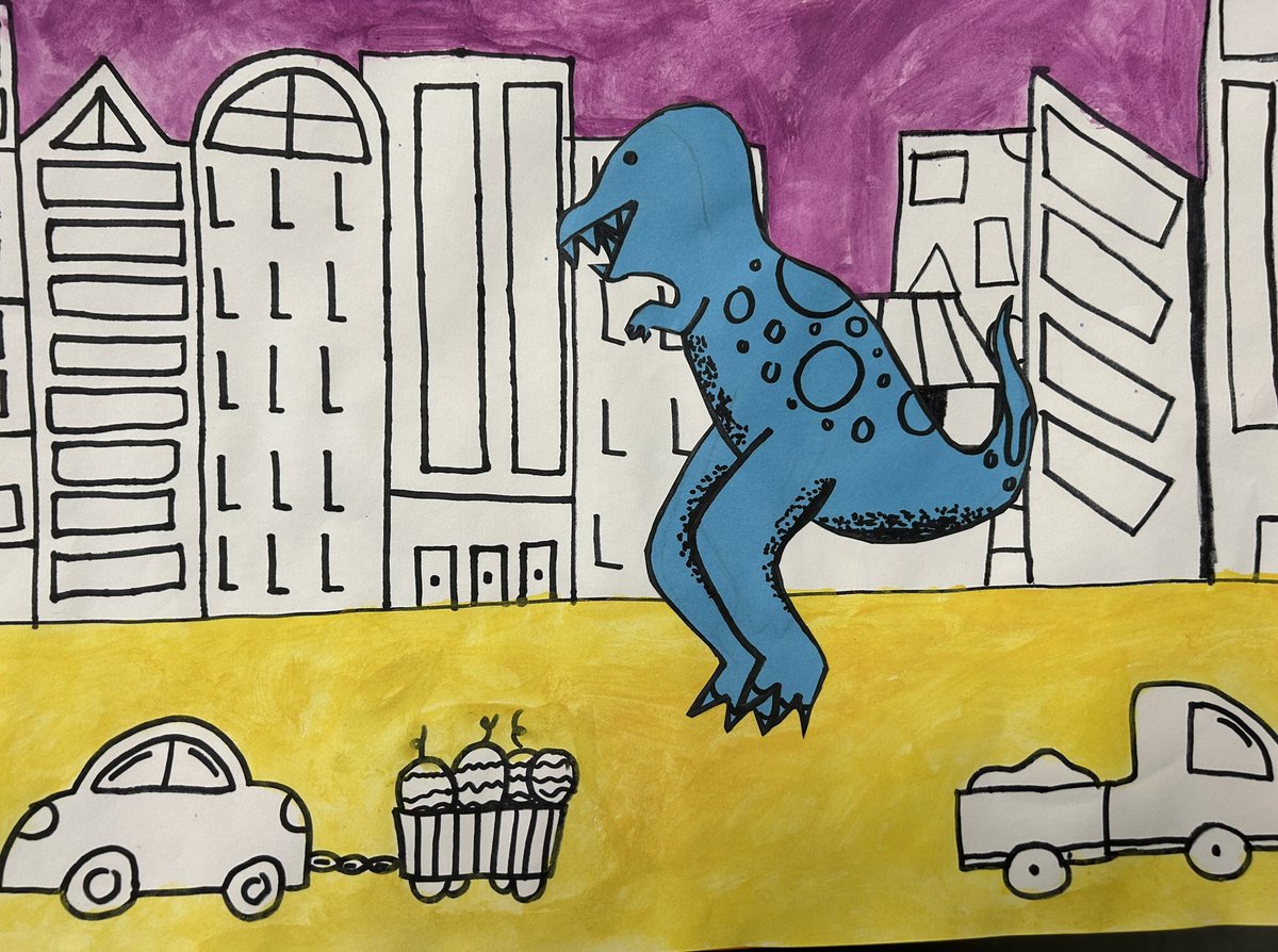 What if the dinosaurs CAME BACK!?  Inspired by Bernard Most’s book, Second Grade artists created cityscapes invaded by dinos: