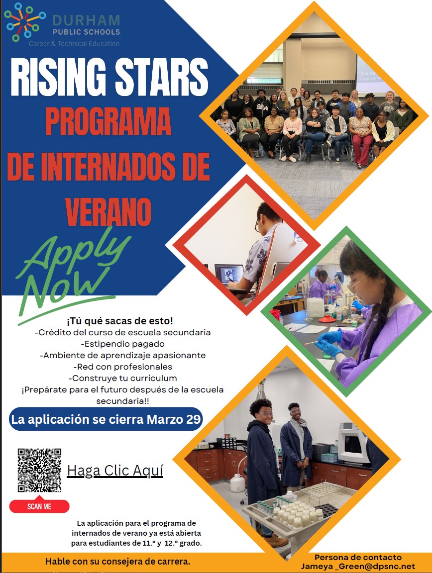 Rising Stars Summer Internship Program application is now open!

Application deadline: March 29
Application: bit.ly/42RK6Nf
Questions? Jameya_Green@dpsnc.net