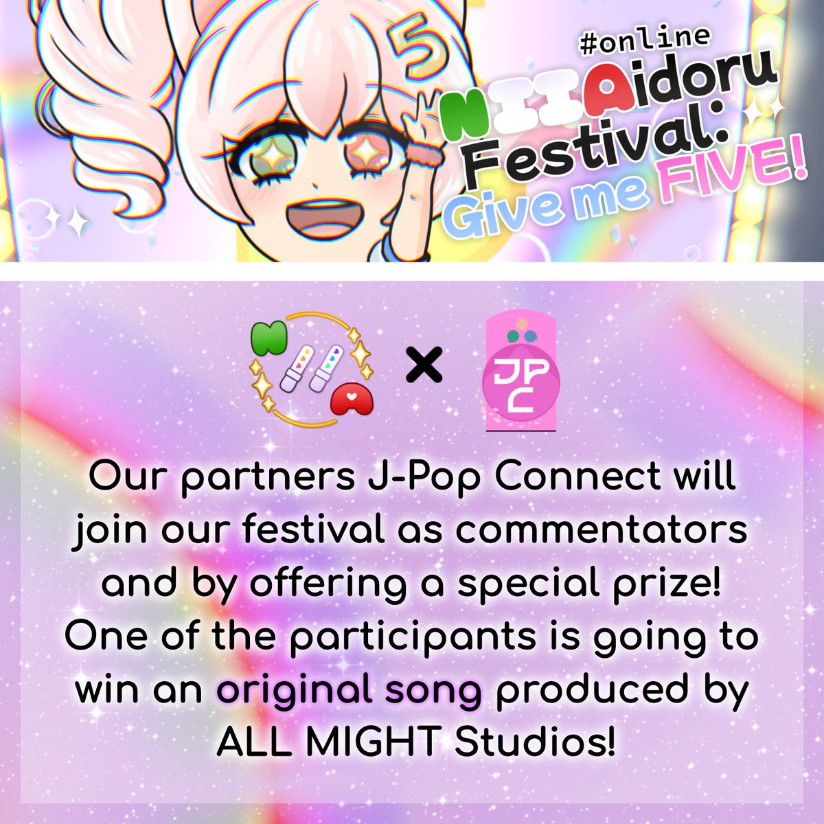 #ONFGiveMeFIVE ⭐
Thanks to our partners J-Pop Connect, one of the participants of our festival is going to win an original song by <a href="/AllMight_Studio/">All Might Studio - Composer/Mix</a> (⁠｡⁠･⁠ω⁠･⁠｡⁠)⁠ﾉ🎶

JOIN OUR IDOL FESTIVAL! LINK IN BIO! 💕

#idolfestival #idolshowcase #netidols