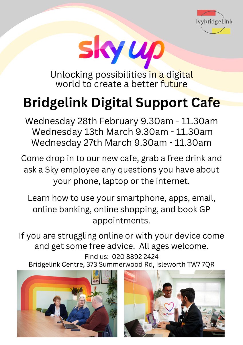 pop into <a href="/IvyBridgelink/">Bridgelink Community Centre</a> #isleworth centre tomorrow for help from <a href="/SkyUK/">Sky</a> with your digital devices and accessing online services.