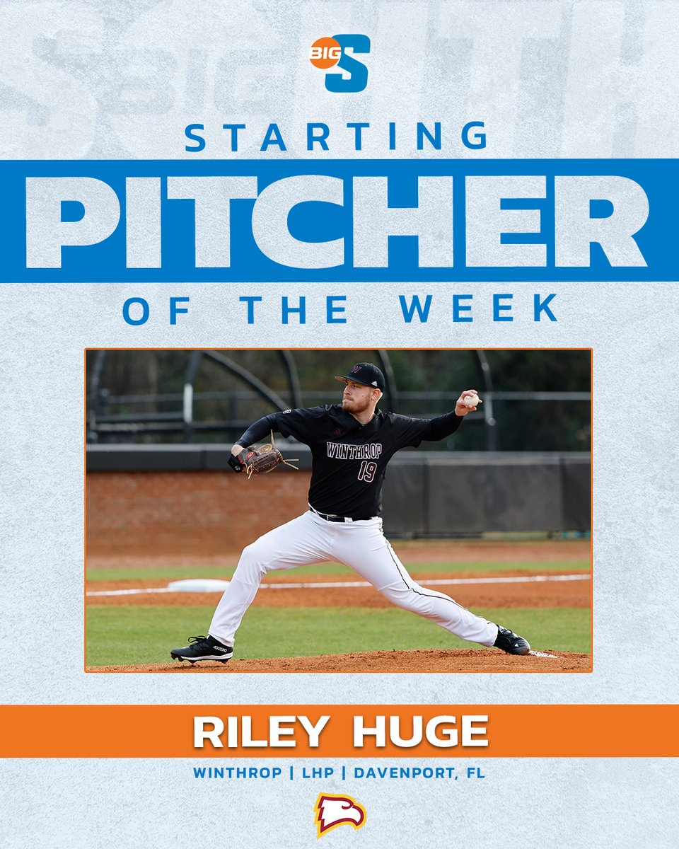 He struck out 1⃣3⃣ while allowing just one hit and no runs over 7.0 innings to pick up a win for the Eagles 🔥 @WinthropBSB's Riley Huge is the #BigSouthBase Starting Pitcher of the Week!