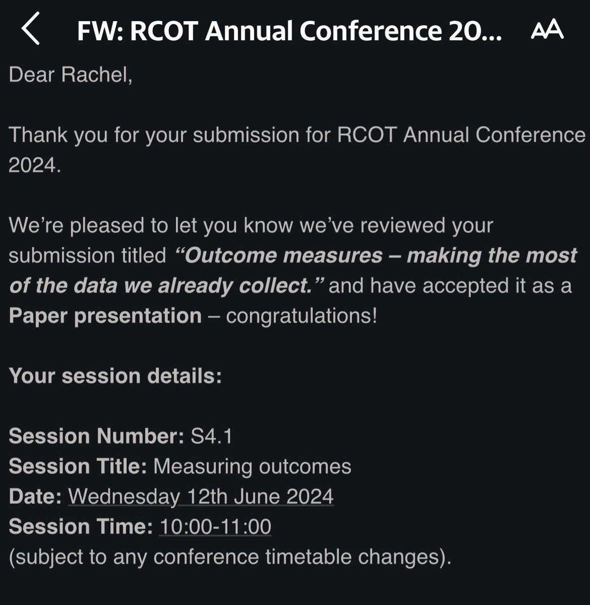 #RCOT2024  conference abstract accepted 🎉 thanks to @asi_wise @kathsmithot for the inspiring abstract writing workshop. @theRCOT @LGriffithsOT @seashelltrust