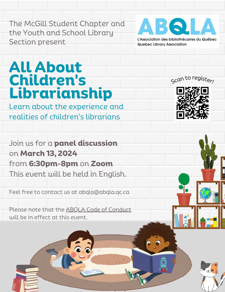The McGill Student Chapter and the Youth and School Library Section present :
All About Children's Librarianship
Learn about the experience and realities of children’s librarians!
Date: March 13, 2024
Time: 6:30pm

Sign up here!
forms.gle/u1ZLv7sLbtTZoe…