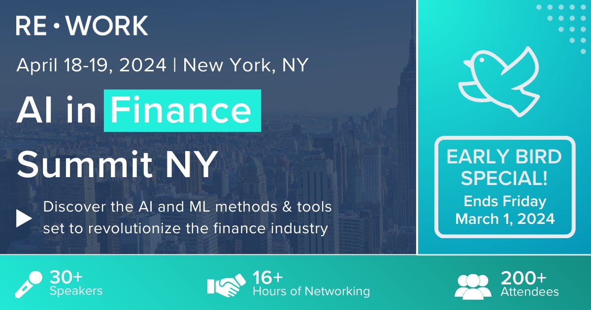 🚨 Don't miss out on Early Bird Pricing for the AI in Finance Summit NY! Save $400 on your registration by claiming this offer before it ends this Friday, March 1. bit.ly/3wtvkQx #reworkAI 💸🤖📈