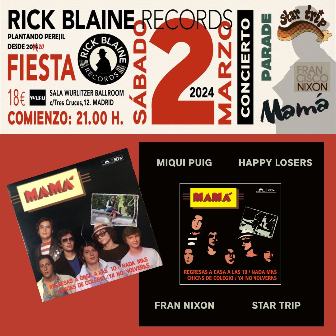 MAMÁ EN CONCIERTO
Sábado 2/marzo en la <a href="/wurlitzerballro/">Wurlitzer Ballroom</a>  
¡Corre, todavía quedan entradas!
MAMÁ interpretando en directo las canciones del mítico EP de 1980
Será en la fiesta de @rickblainerecords 
rickblainerecords.com
Estarán <a href="/francisconixon/">Francisco Nixon</a>  <a href="/GalvanParade/">Parade (Antonio Galvañ)</a>  y <a href="/startripmusic/">Star Trip</a>