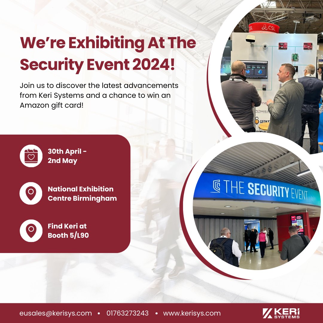 kerisys's tweet image. Keri Systems is thrilled to showcase our innovations at The Security Event in Birmingham from April 30th to May 2nd.
Join us at booth 5/L90 to discover the latest advancements from Keri Systems!
#CloudBasedSolutions #Security #Events #AccessControl #KeriSystems #TSE
