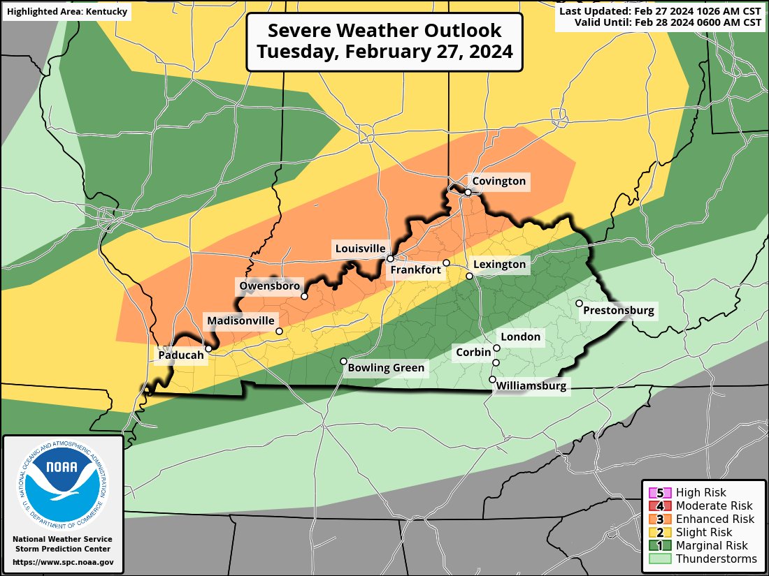 The Storm Prediction Center has upgraded to Enhanced Risk for severe storms along the Ohio River late today through tonight. #kywx