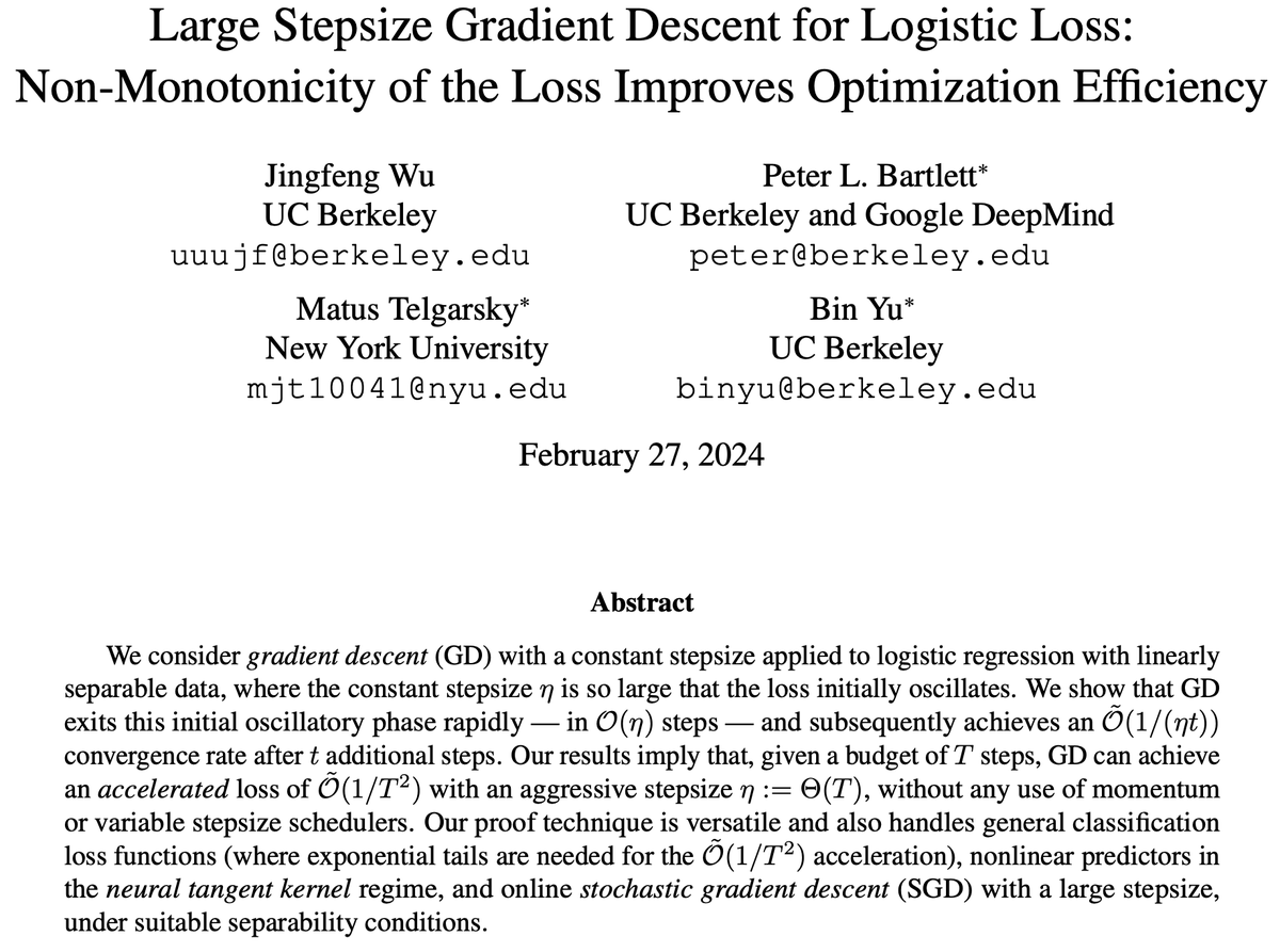 uuujingfeng's tweet photo. GD with LARGE stepsize induces an oscillatory loss that may sound scary, but the oscillation eventually accelerates optimization, provably

Core proof in <= 5 pages, which made me very proud of :)

New paper w/ Peter Bartlett, Matus Telgarsky, Bin Yu

https://t.co/cKM96LehmW https://t.co/J4QSaYc6O0