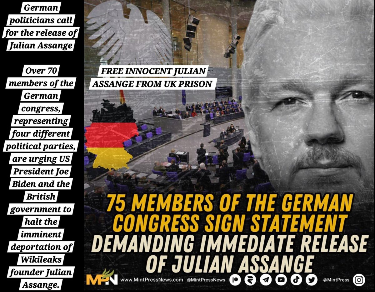 FREE THE INNOCENT JULIANN ASSANGE IN UK PRISON 🇬🇧: German politicians call for the release of Juliann Assange Over 70 members of the German congress, representing four different political parties, are urging US President Joe Biden and the British government to halt the imminent