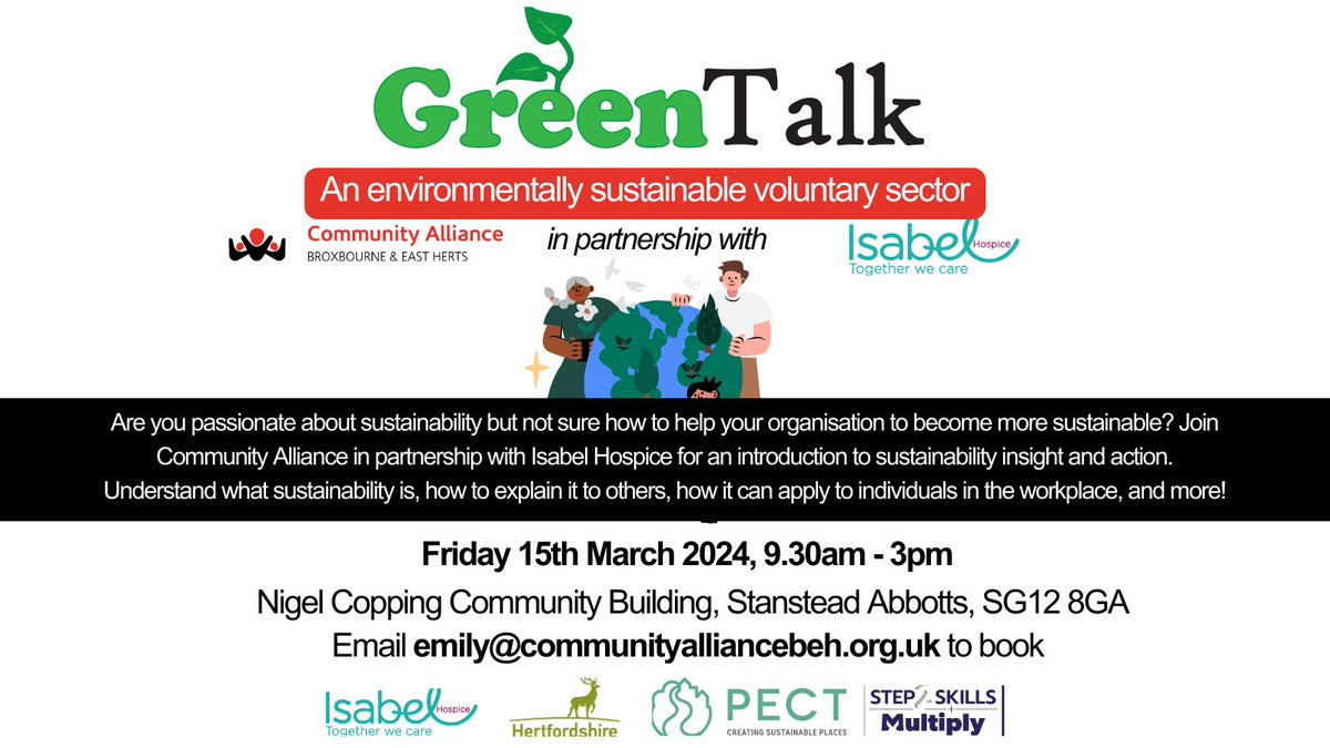 In partnership with @IsabelHospice, you are invited to attend our bonus conference - Green Talk, on Friday 15th March 2024, from 9.30am to 3pm at Nigel Copping Community Building. More info: communityalliancebeh.org.uk/upcoming-event… Book via email to emily@communityalliancebeh.org.uk